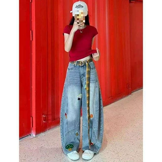 美式复古多巴胺卡通刺绣图案阔腿牛仔裤女春秋新款显瘦垂感宽松潮