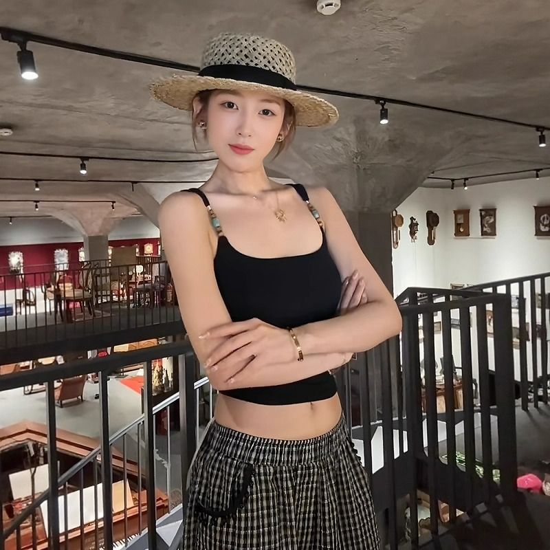 复古美式串珠吊带小背心女夏季修身显瘦内搭纯欲辣妹短款上衣外穿|undefined