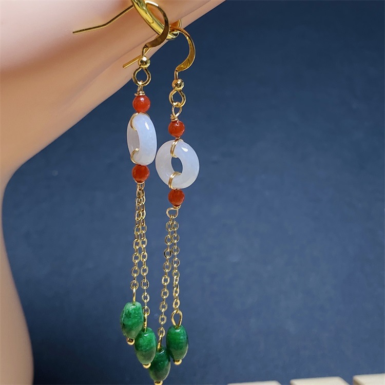 natural Jade Ice waxy kind doughnut Earrings Earrings tassels 14K princess fairy