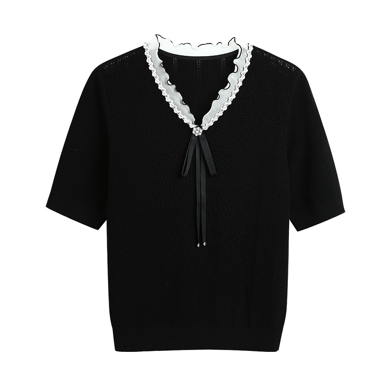 Designed Bow-Knot V-Neck Short-Sleeved Knitwear for Women 2026 Spring and Summer New Style Elegant Ladylike Loose Slimming Top