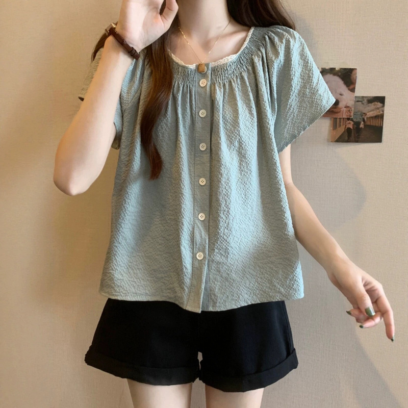 Plus-size tummy-covering chiffon short-sleeve shirt for women, summer slimming loose-fitting doll top with unique design Plus-size tummy-covering chiffon short-sleeve shirt for women, summer slimming loose-fitting doll top with unique design