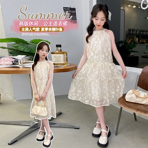 韩国版2024夏季女童气质蕾丝公主裙小女孩洋气大摆度假风无袖长裙