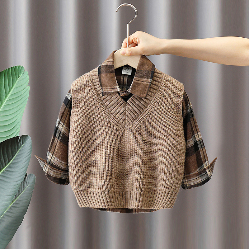 6102 traje de chaleco de punto para niños 2024 nuevo estilo para niños camisa a cuadros coreana bebé primavera y otoño traje de dos piezas
