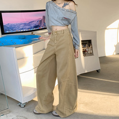 カーキ色の鎌のジーパンの女性の春2025新型の復古的なつなぎ合わせのデザイン感がゆったりしています。