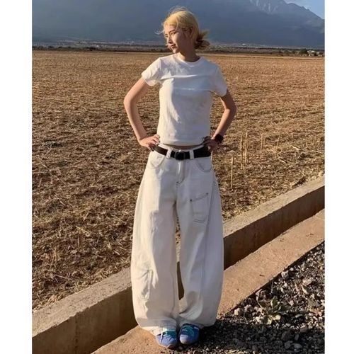 American High Street White Design Sensory Bending Knife Jeans Spring and Autumn New Loose Slimming High-Waisted Wide Leg Floor-Length Pants Trendy