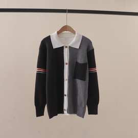 秋冬新款tb复古风拼色口袋polo领单排扣针织开衫