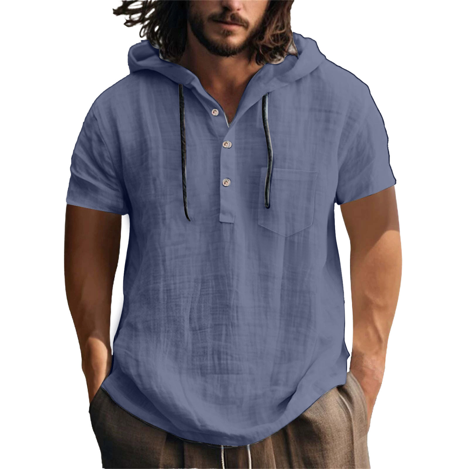 Cross-border 2025 New European and American Cotton and Linen Shirt Hooded Sweatshirt Short-sleeved Hooded Spring and Summer Casual Men's Beach T-shirt