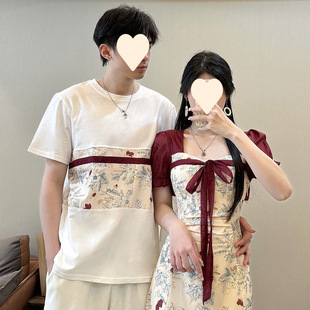 Chinese Couple's Clothing, Chinese Style Summer Clothing, Short-Sleeved Cheongsam Shirt, Square Collar, Retro Two-Piece High-End Dress, You Dress and I Skirt