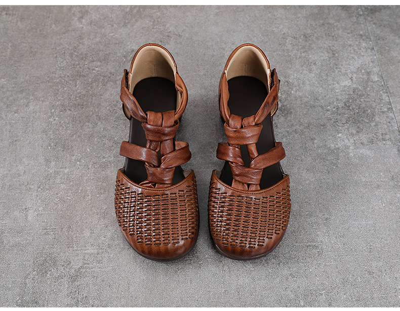 Sandal nữ da bò thật phong cách La Mã cổ điển, đế mềm, quai đan hở thoáng khí — màu nâu chi tiết 11