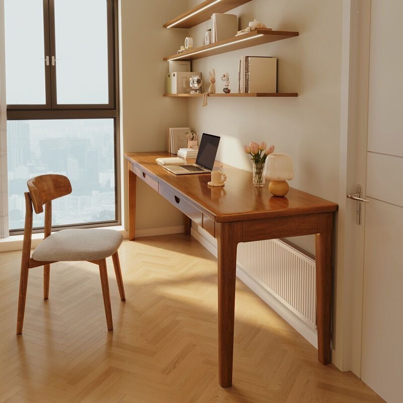 Solid Wood Desk with Drawers, Home Computer Desk, Bedroom Wall-Mounted Workbench, Long Table, Student Study Desk