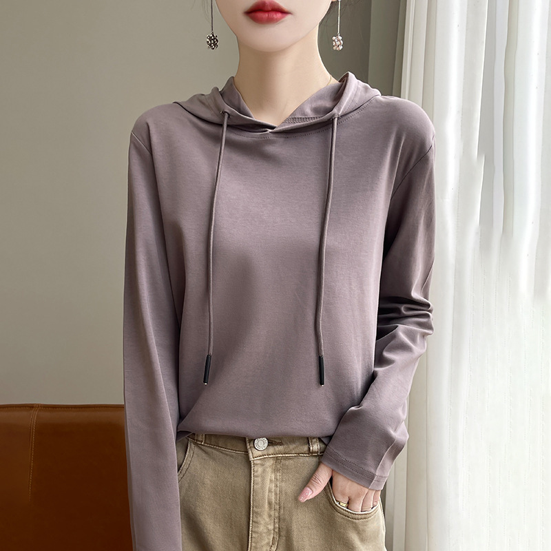 2025 spring new women's hoodie sweater women's long sleeve sweater mercerized cotton hooded T-shirt top thin