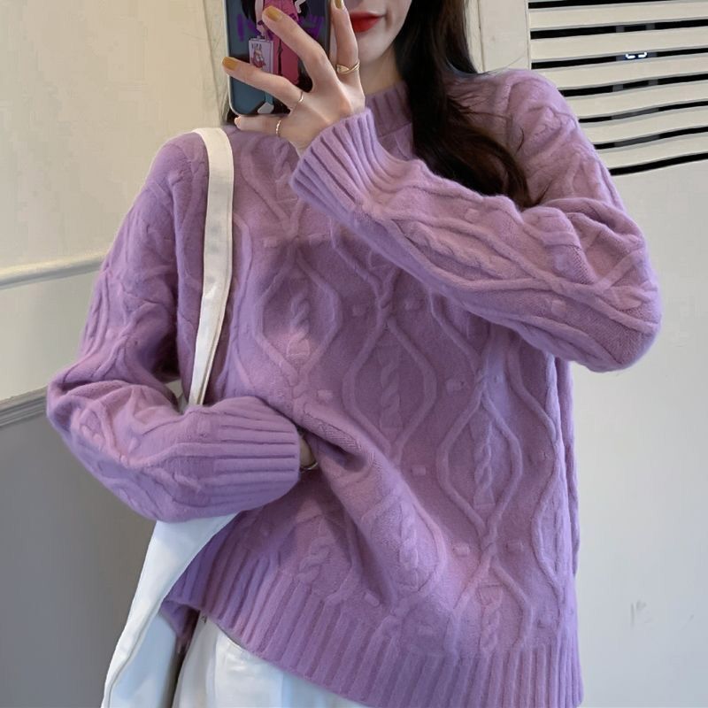 Korean-style half-high collar cable-knit pullover sweater for women, new autumn and winter loose fashion knit top Korean-style half-high collar cable-knit pullover sweater for women, new autumn and winter loose fashion knit top