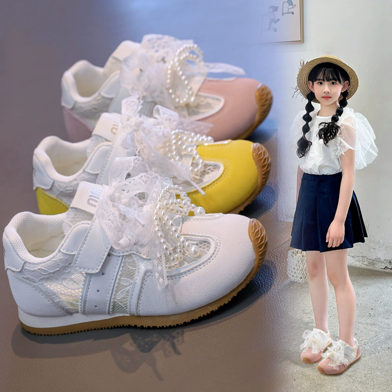 Кружевная обувь для девочек 2025 летний новый стиль маленькая девочка дикая обувь арганд сетка повседневная обувь кроссовки