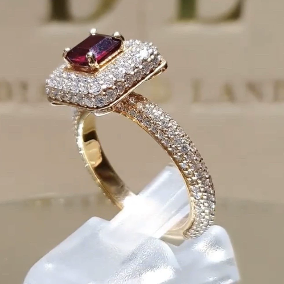 Ruby high-end fashionable wedding ring for beloved, accessory, wish, diamond encrusted, European style
