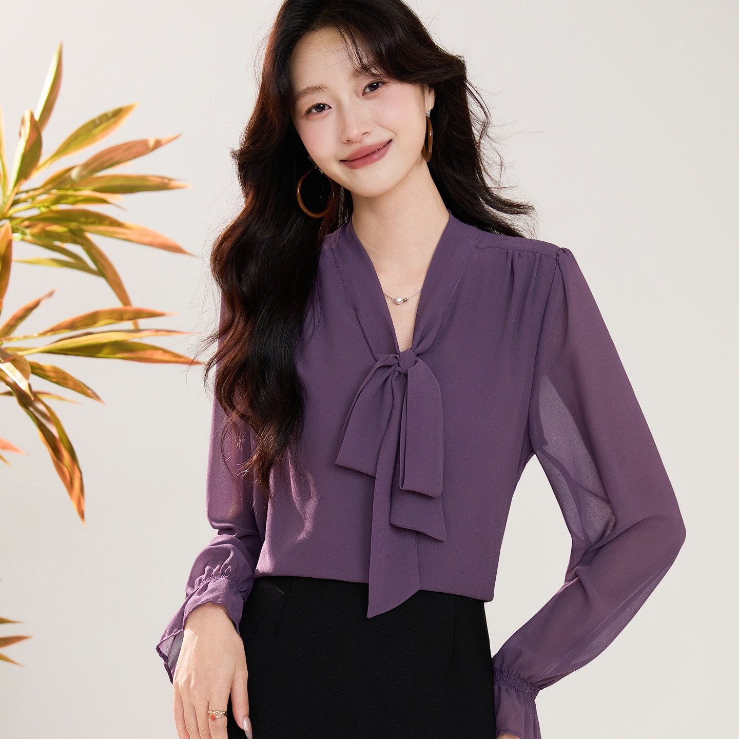 2026 Autumn New Style Bow-Tie Chiffon Blouse for Women, Long Sleeve, Slimming and Stylish Top 2916
