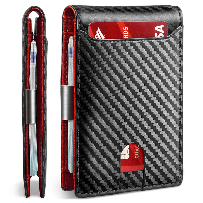 De fibra de carbono nuevo clip de oro Americano billetera de cuero al por mayor de dos veces patrón de asiento abierto cartera antirrobo cepillo billetera de piel de vaca para los hombres