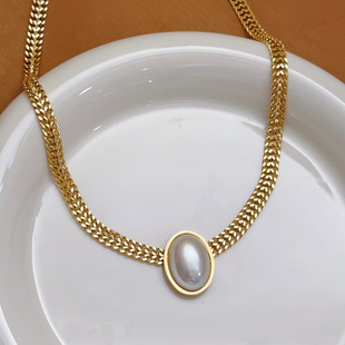 Cross-border pearl titanium steel jewelry necklace women's clavicle chain noble personality fashion trend accessories retro 18 gold light luxury