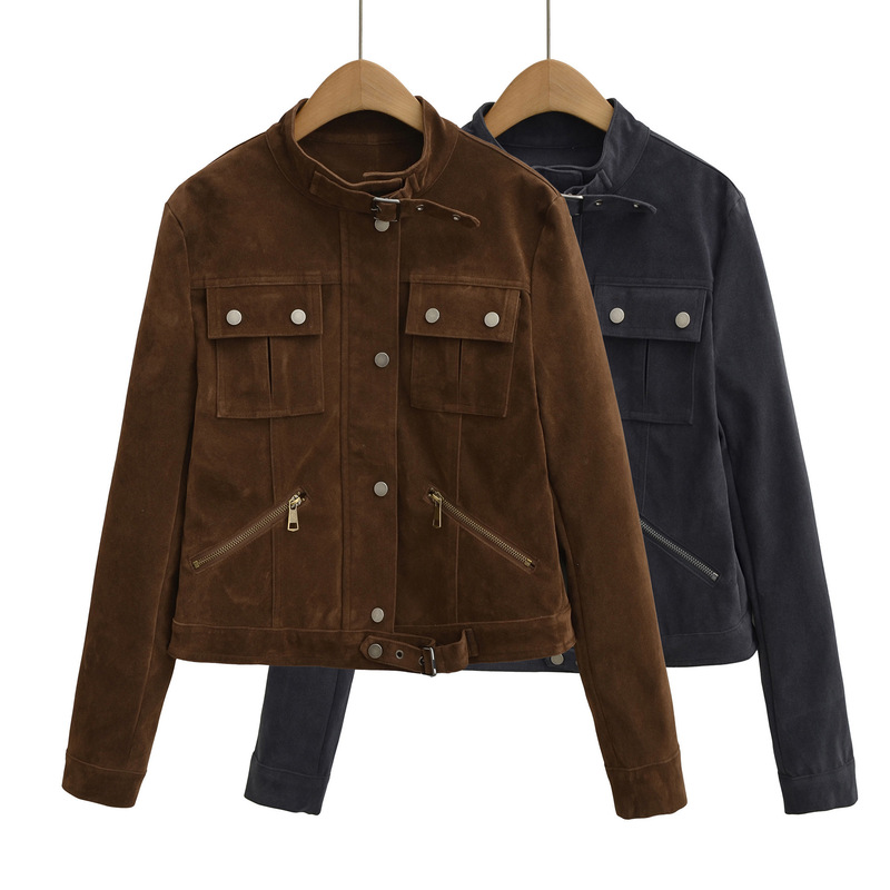 American Retro Suede Stand-Collar Motorcycle Jacket for Women, New Autumn and Winter Style, Loose Fit, Slimming Short Top, Cross-Border