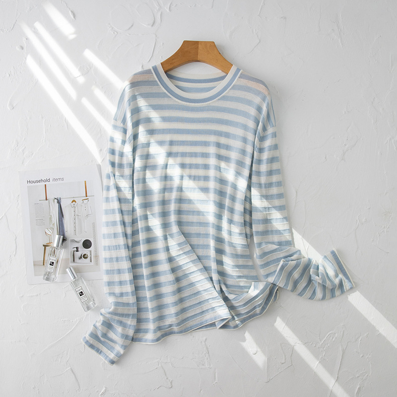 Relaxed Outfit! Kendou Lazy Style Tencel Wool Top Stereo Contrast Stripesd Round Neck Knitwear for Women