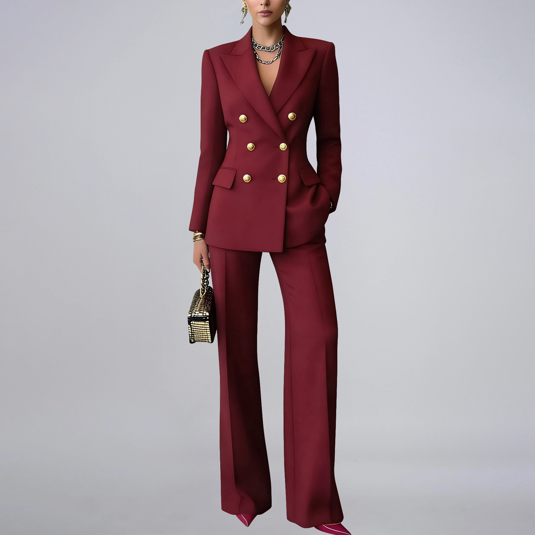 Women's Solid Color Button Suit Trousers Set With Lapel Professional_ecoleips.com
