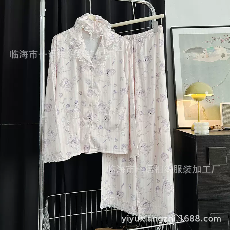 夏季新款蕾丝卡通发圈冰丝睡衣女 长款舒适女士家居服套装批发