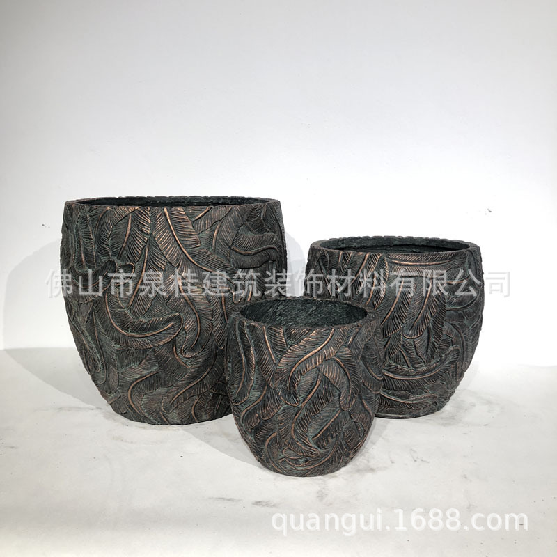Bronze Tone Feather Texture Concrete Egg-Shaped Grc Flower Pot Walking Street Project House Garden Mobile Potted Plant