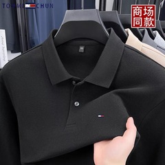 外贸汤米纯棉长袖POLO衫男中青年春秋翻领T恤纯色打底衫休闲上衣