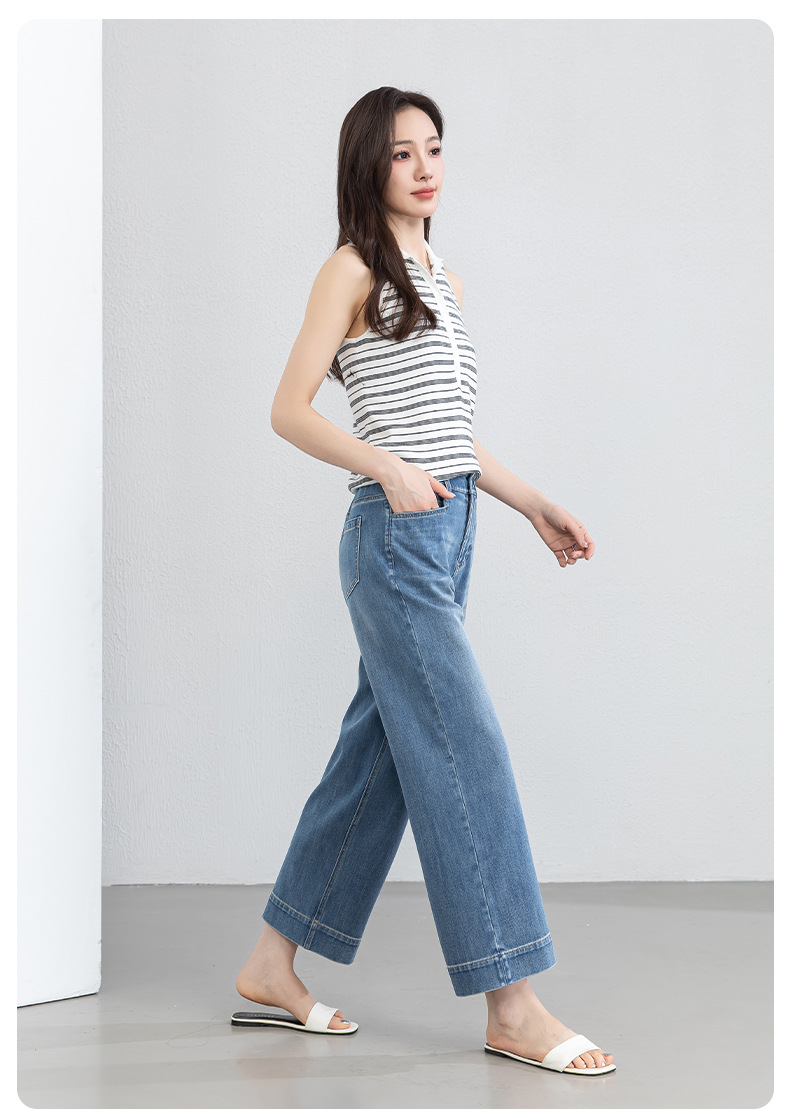 Quần tây nữ ống đứng cạp cao co giãn vải Lyocell denim dáng suông — xanh lam chi tiết 20