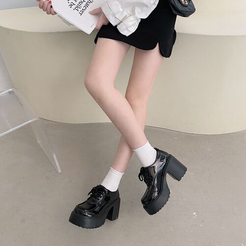 Platform shoes, thick-soled trendy girl shoes with chunky heels, anime-inspired JK uniform style shoes, unique design, Instagram-style fashion.