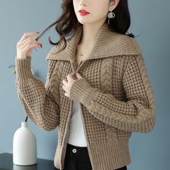 针织开衫加厚粗毛线毛衣外套女2025秋冬装新款海军领拉链长袖上衣