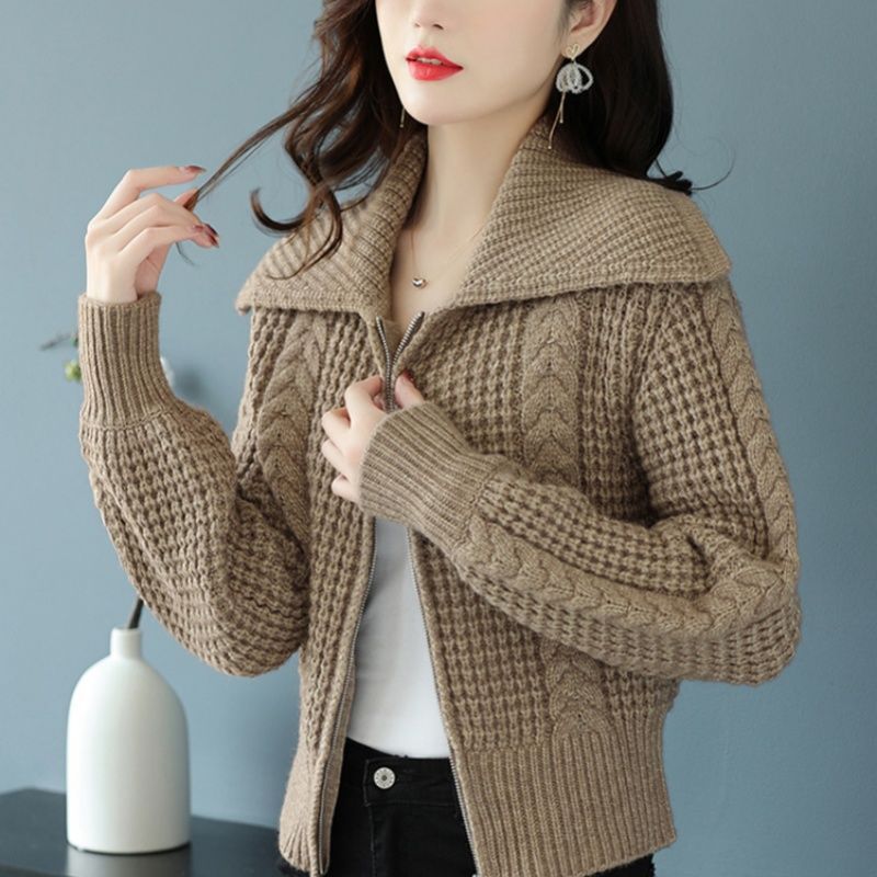 针织开衫加厚粗毛线毛衣外套女2025秋冬装新款海军领拉链长袖上衣|undefined