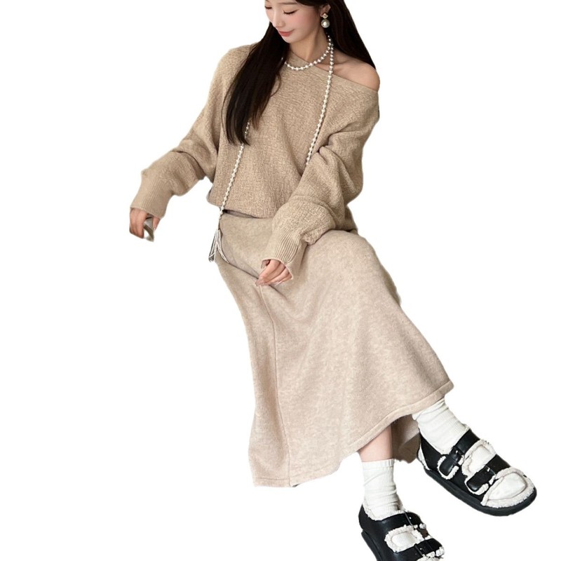 優しい風の怠惰なニットスーツ女性秋の新しい女装ゆるい長袖上着a字スカート2点セット|undefined