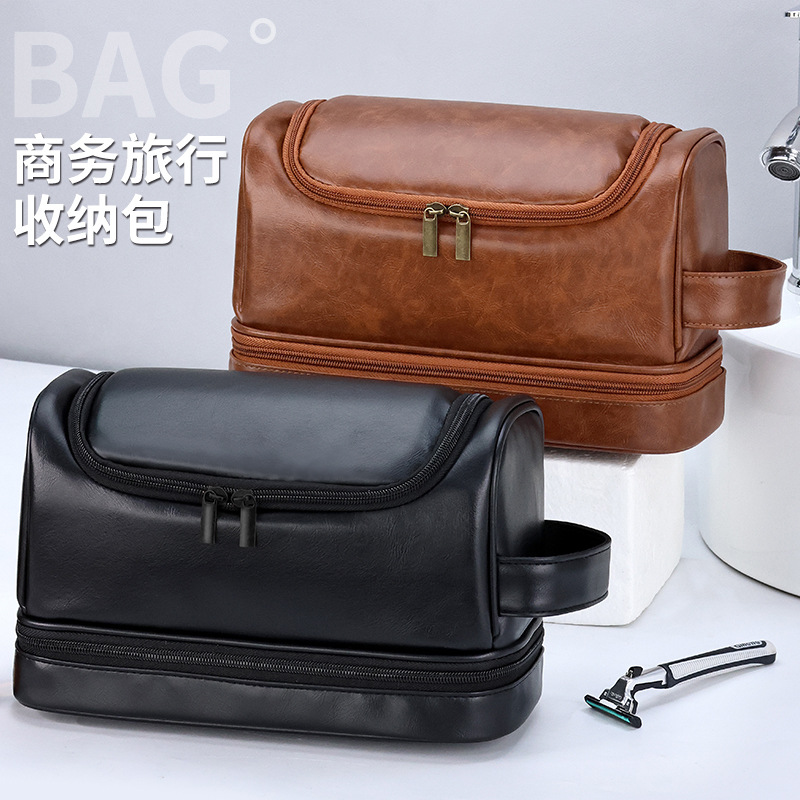 Bolso de almacenamiento de cosméticos de cuero simple de negocios para hombres portátil, bolsa de lavado de viaje con gancho, bolsa de cosméticos portátil