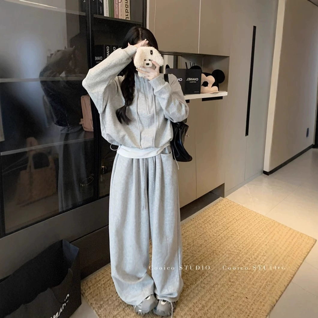 Модный корейский воротник свитник костюм женский 2024 осень и зима ленивый, свободный дизайн, повседневные брюки, набор из двух частей