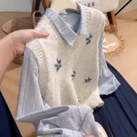 韩系刺绣花朵印花无袖马甲针织衫女秋冬季新款软糯百搭上衣A8777