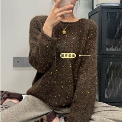 时尚彩色球球亮片女式毛衣秋冬韩版一字领慵懒风套头针织衫A7324