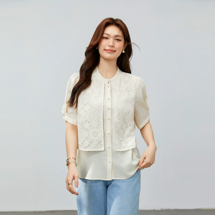 [Cloud Satin Illusion Yarn] Легкая кружевная рубашка в китайском стиле из смесовой ацетатной ткани Slim Show Женская одежда больших размеров Fat MM Новый стиль