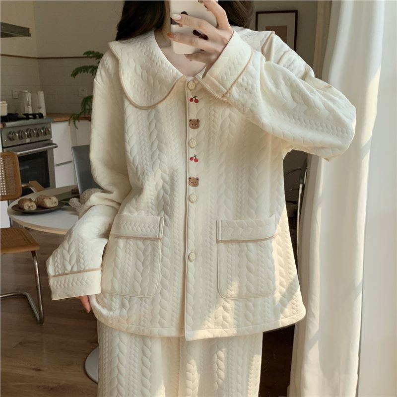 Pijamas de algodón femenino de otoño y invierno aire algodón engrosado lindo lindo manga larga calentamiento ropa de hogar pijamas de tamaño grande
