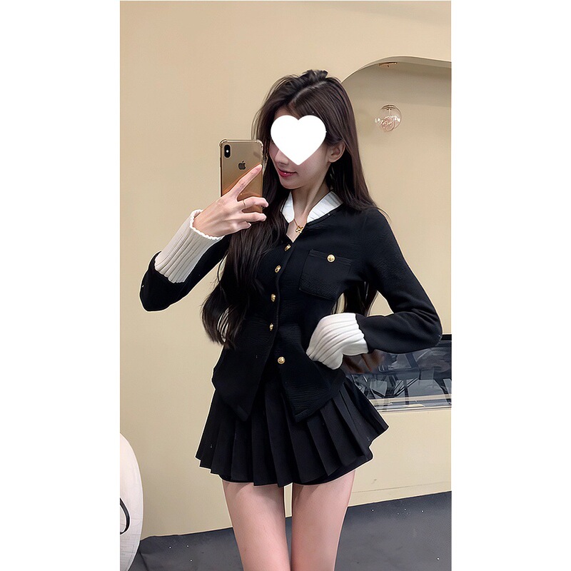 小香风富家千金撞色时尚休闲套装复古长袖衬衫女百褶裙短裙两件套|undefined