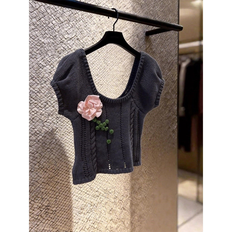 French-Style Retro Hollow-Out Knit Top for Women, Summer Design with Unique Three-Dimensional Floral Short Sleeves, Slim-Fit and Elegant Short Style French-Style Retro Hollow-Out Knit Top for Women, Summer Design with Unique Three-Dimensional Floral Short Sleeves, Slim-Fit and Elegant Short Style
