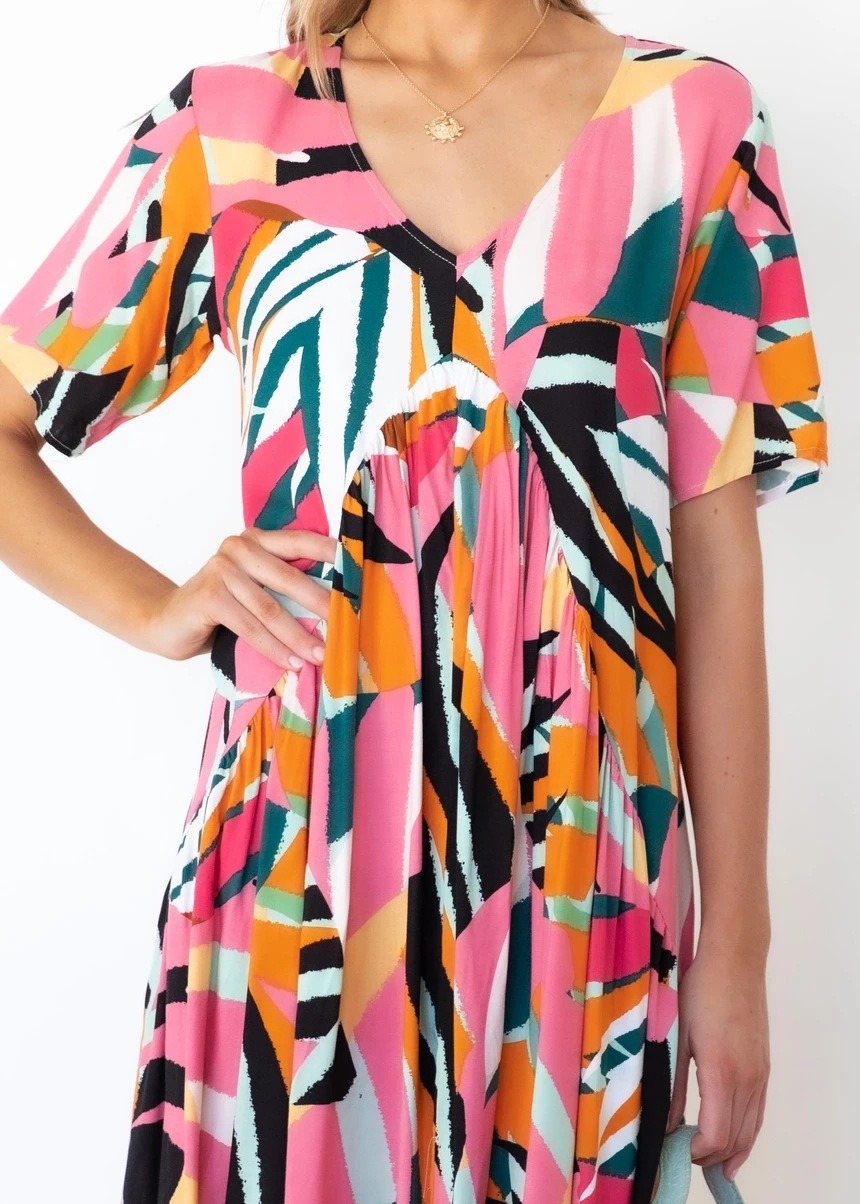 loose v-neck printed short-sleeved mid-length dress NSHFC125628