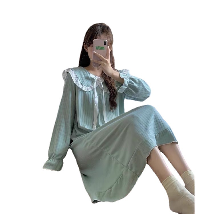 Nuevos pijamas camisón de manga larga para mujer collar de muñeca sobre la rodilla ins Primavera y otoño Corte de hadas estilo princesa ropa para el hogar