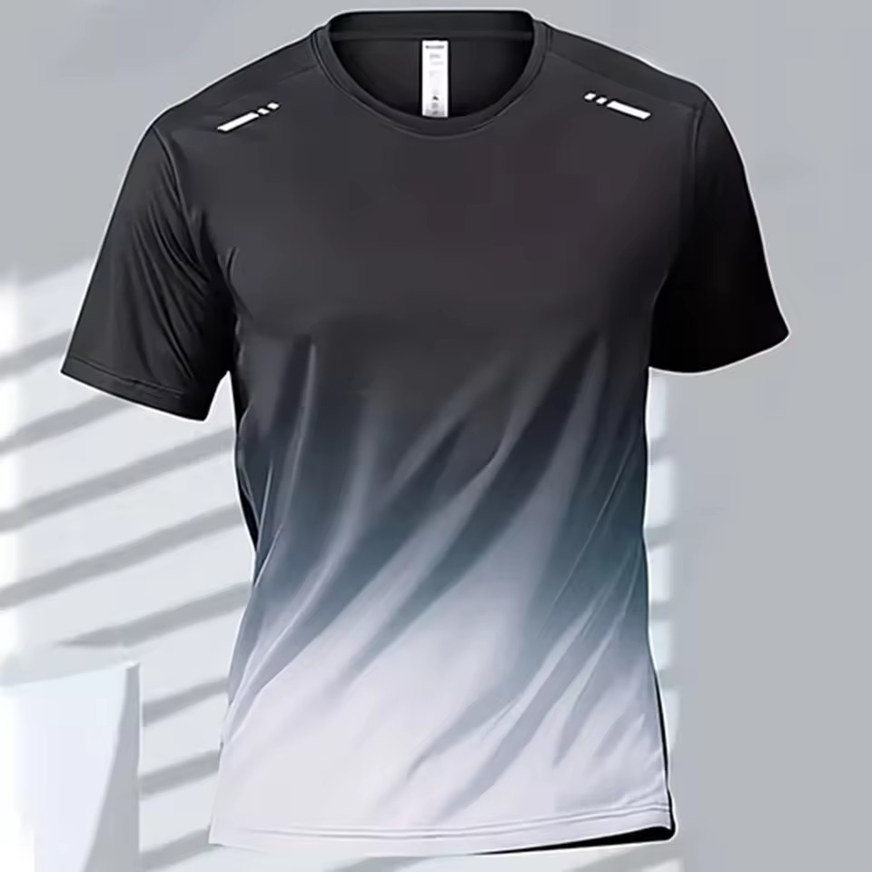 Trend gradiente 3D impresión digital para hombres deportes de verano malla suelta transpirable manga corta cuello redondo camiseta