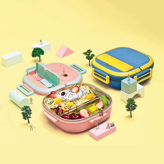 童趣便捷手提不锈钢分格单层双层三层饭盒带餐具餐盒便当盒野餐盒