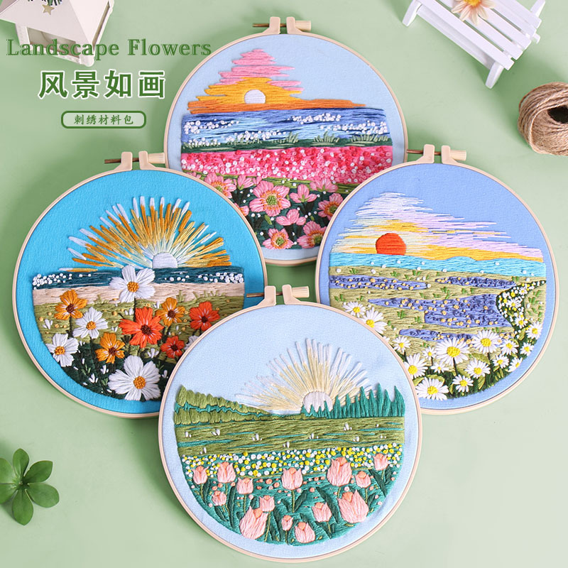 Nuevo paquete de material de bricolaje de bordado de paisaje y paisaje, kit hecho a mano, productos semiacabados autobordados creativos, inglés transfronterizo original