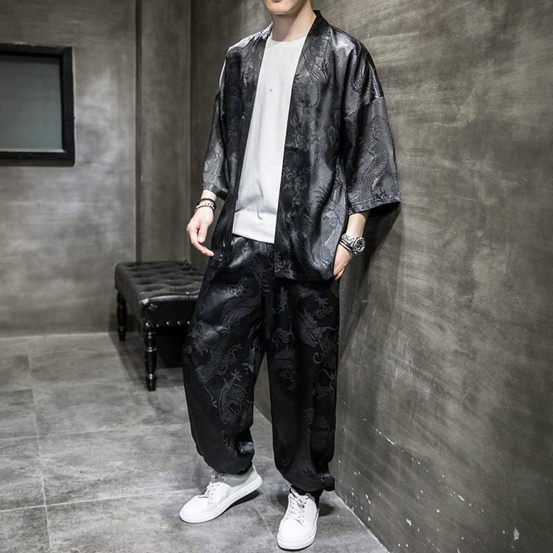 Chinese Style Men's Summer Hanfu Set, Thin Ice Silk Retro Dragon Pattern Two-Piece Robe