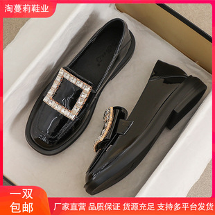 Genuine Leather Small Leather Shoes for Women 2025 Autum British Style Black Flats Bottom Rhinestone Beanie Thin Loafers Work Shoes
