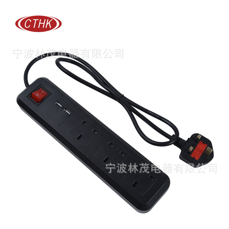 工厂直销 新款 黑色英式3孔位插座 插线板带2个USB 带开关