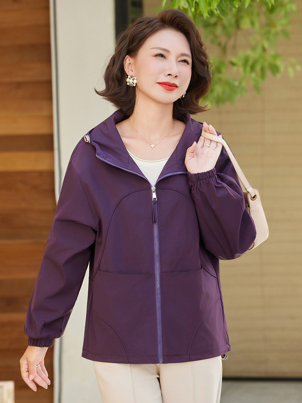 小个子妈妈装秋季连帽长袖减龄休闲外套中老年女装拉链开衫夹克|undefined