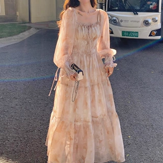 法式印花雪纺连衣裙女2026春秋新款温柔气质显瘦绝美爆款仙女长裙